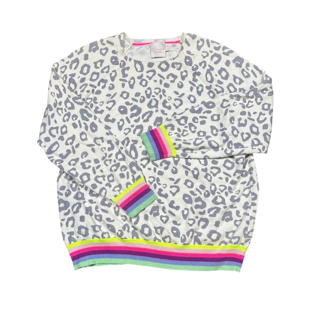 Whisper by Brodie Leopard Print Colorful Stripe Sweater Cotton Nylon Silk Blend